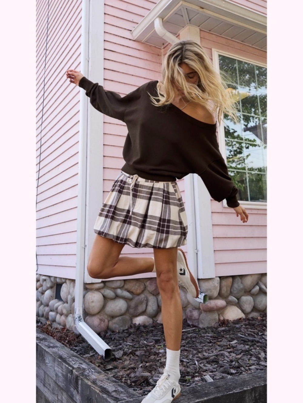 AERIE Cotton Blend Plaid Flannel Bubble Mini Skirt Lined Drawstring Waist Sz L